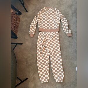 Marine Layer XS Checkered Sweat Set in Tan and Cream